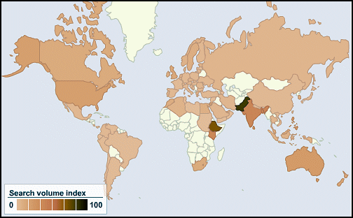 Relative regional interest in "terrorism" in online searches, 2004-2009